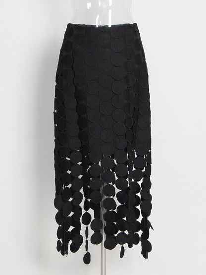 Black Disc-Embellished Fringe Midi Skirt