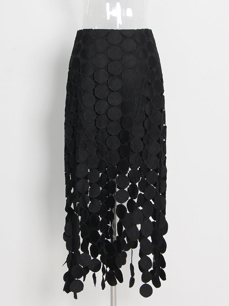 Black Disc-Embellished Fringe Midi Skirt