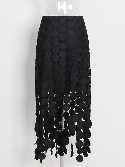 Black Disc-Embellished Fringe Midi Skirt