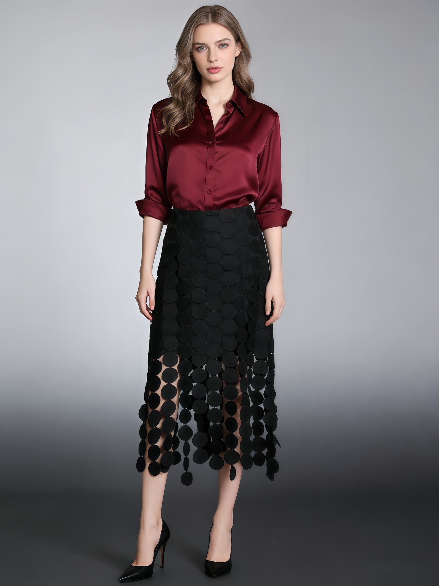 Black Disc-Embellished Fringe Midi Skirt