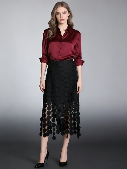 Black Disc-Embellished Fringe Midi Skirt