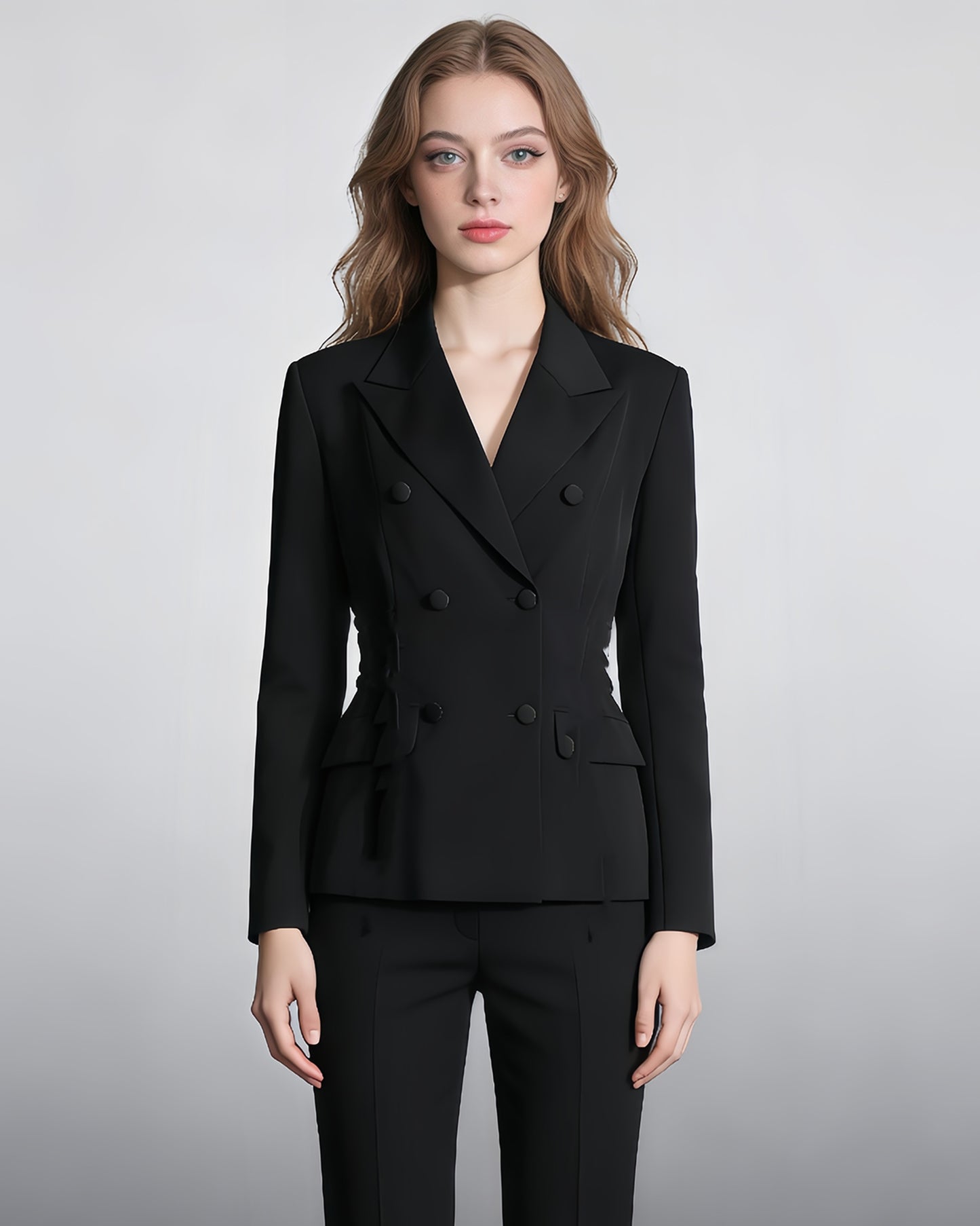 Black Double-Breasted Blazer Back Tassels