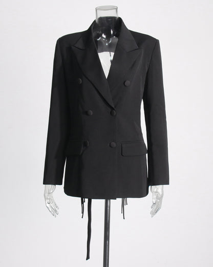 Black Double-Breasted Blazer Back Tassels