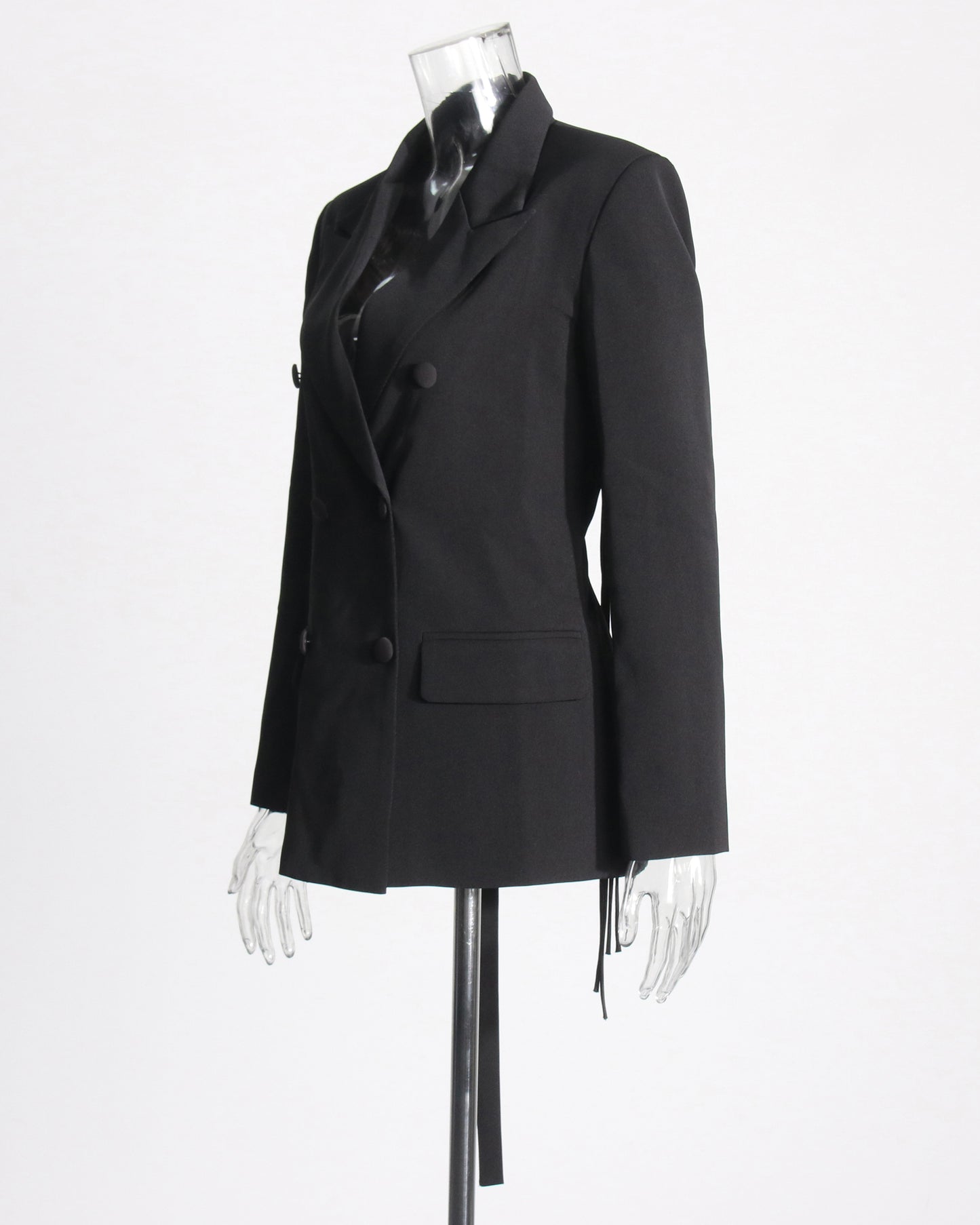 Black Double-Breasted Blazer Back Tassels