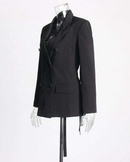 Black Double-Breasted Blazer Back Tassels