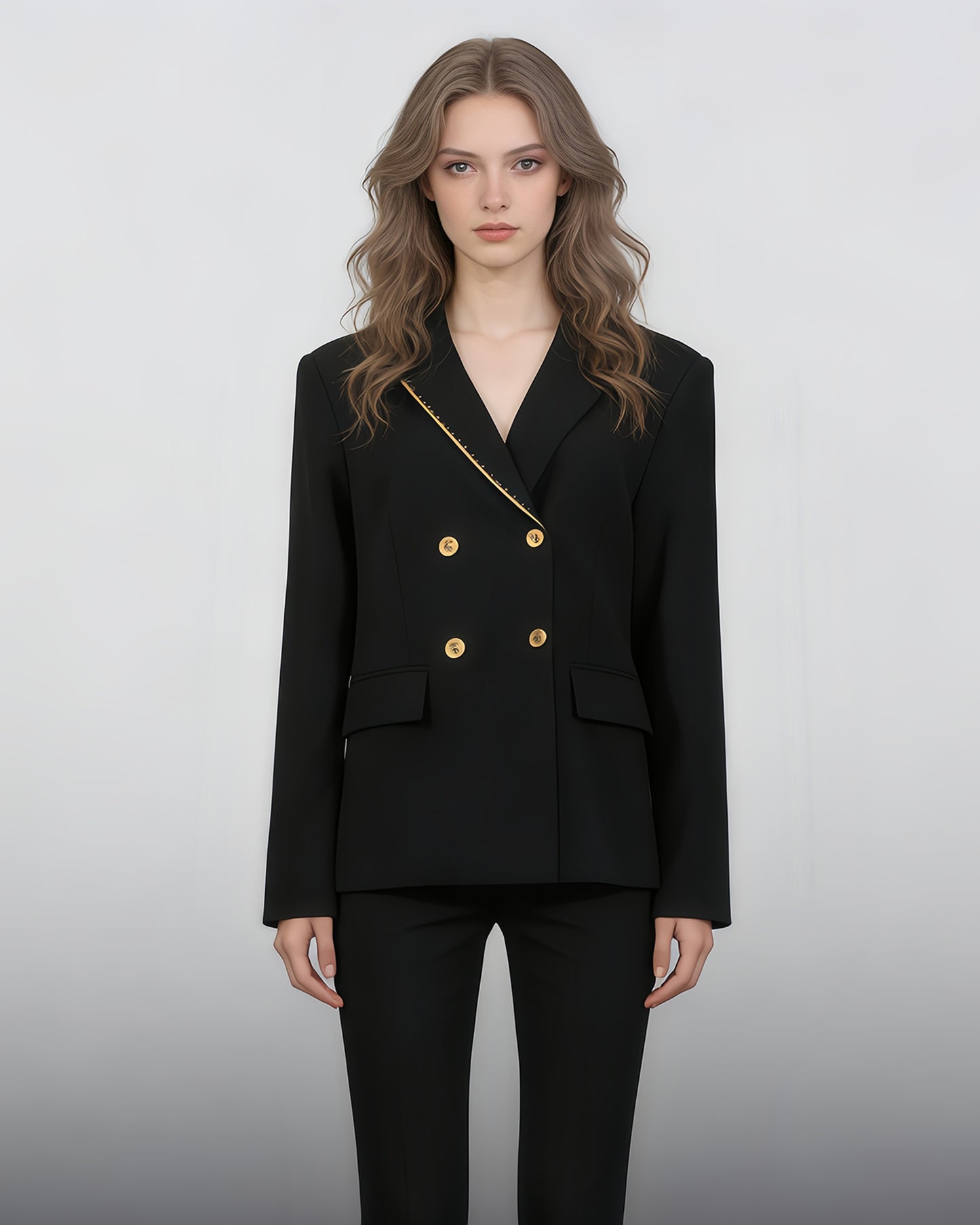 Black Double-Breasted Gold Button Blazer