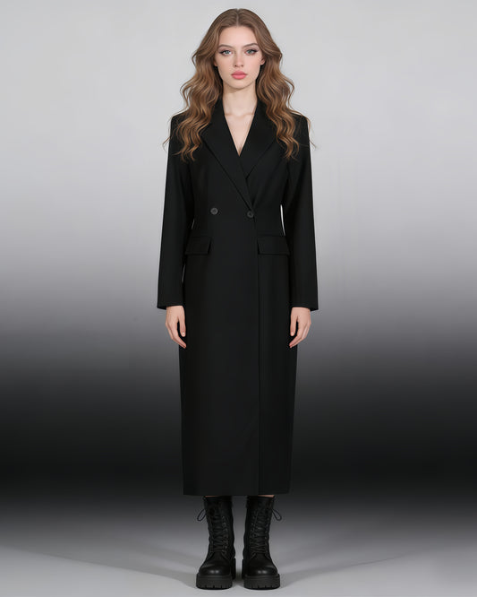 Black Double-Breasted Longline Blazer Coat