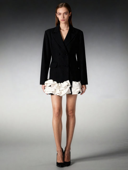 Black Double-Breasted Ruffle Hem Mini Dress