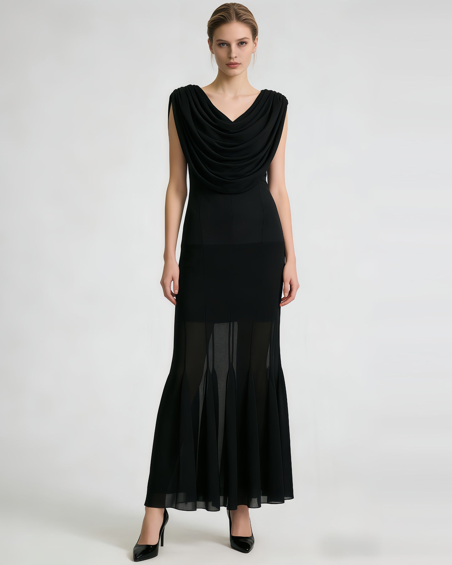 Black Draped Neck Sleeveless Maxi Dress