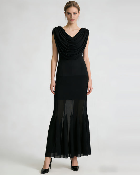 Black Draped Neck Sleeveless Maxi Dress