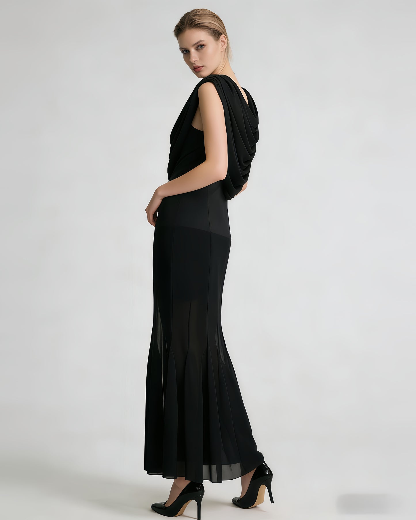 Black Draped Neck Sleeveless Maxi Dress