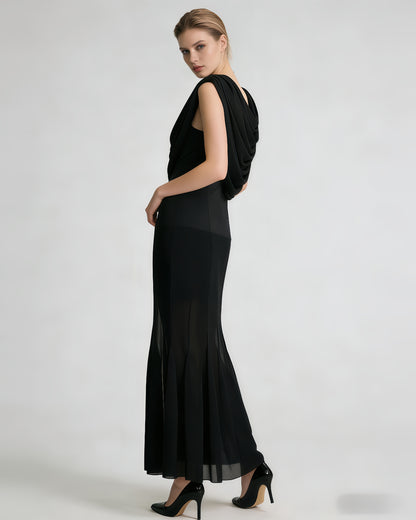 Black Draped Neck Sleeveless Maxi Dress