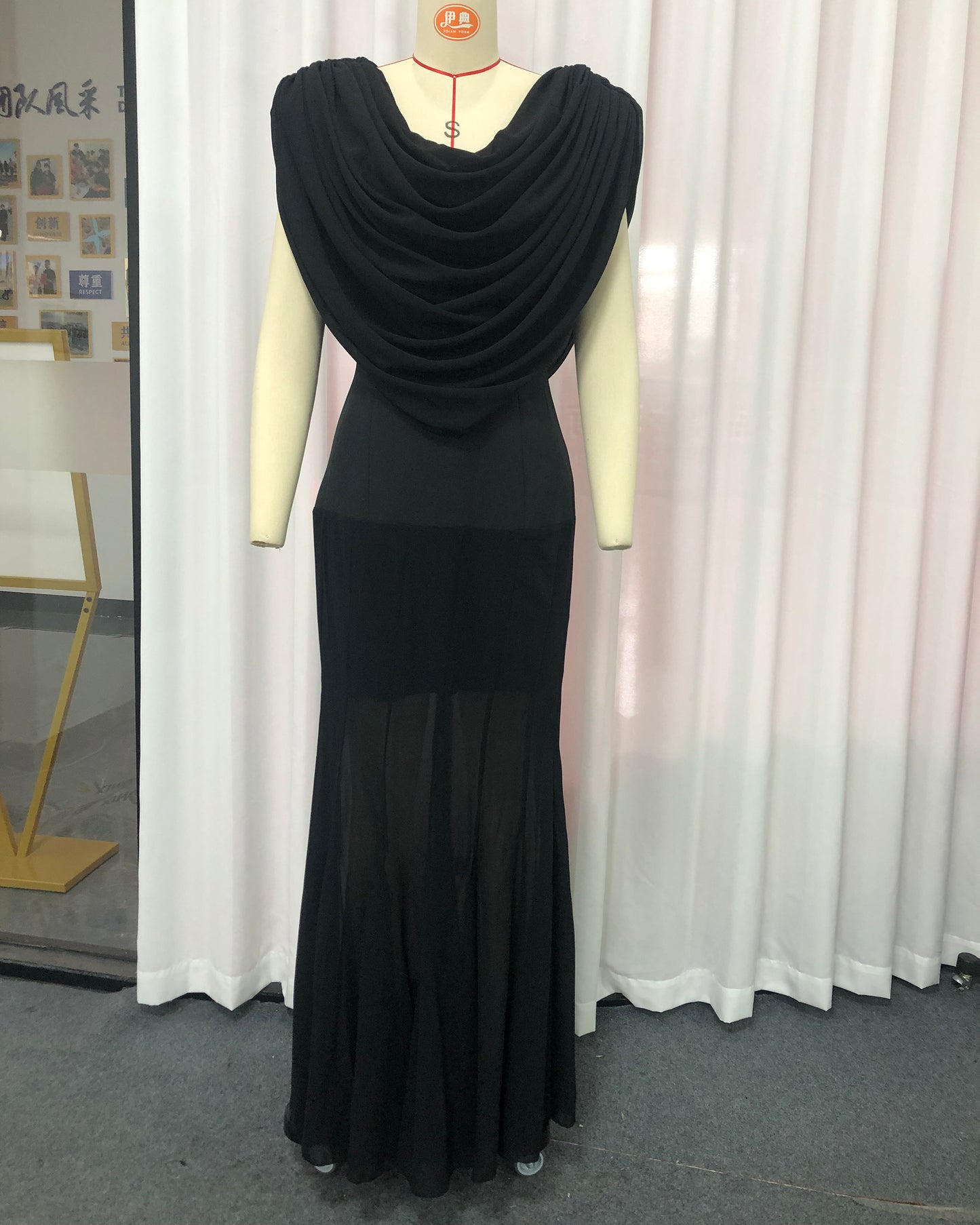 Black Draped Neck Sleeveless Maxi Dress