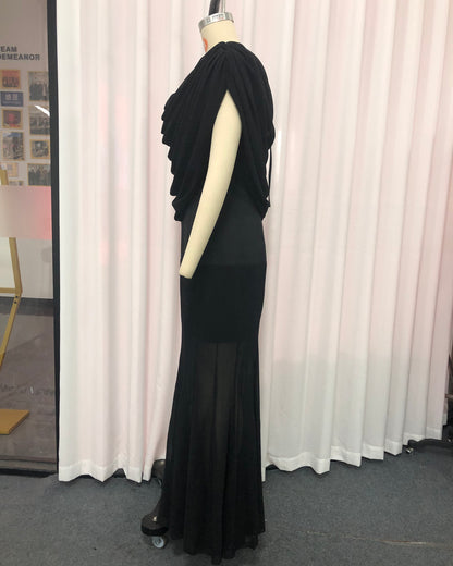 Black Draped Neck Sleeveless Maxi Dress