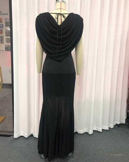 Black Draped Neck Sleeveless Maxi Dress