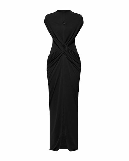 Black Draped Stand Collar Sleeveless Maxi Dress