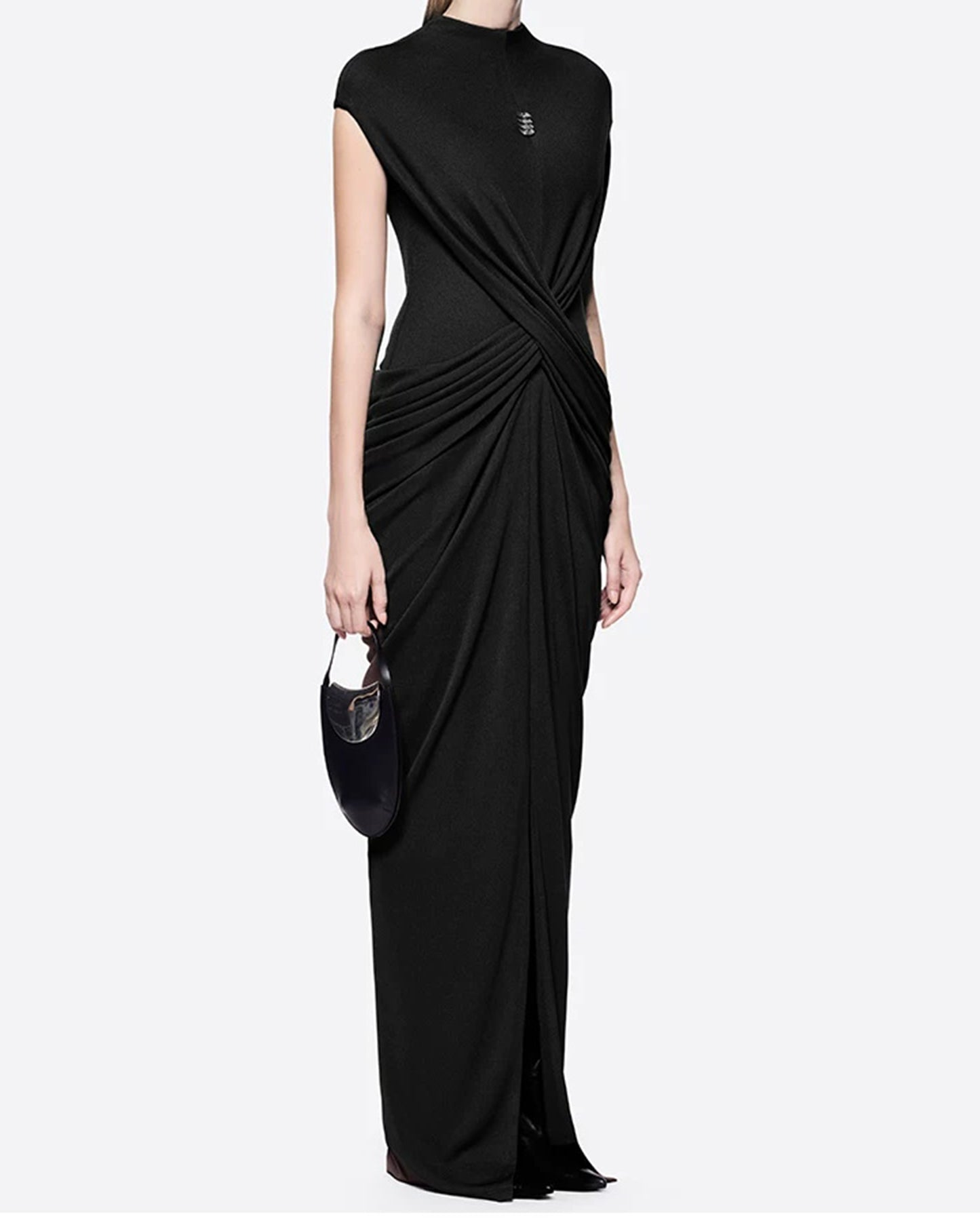 Black Draped Stand Collar Sleeveless Maxi Dress