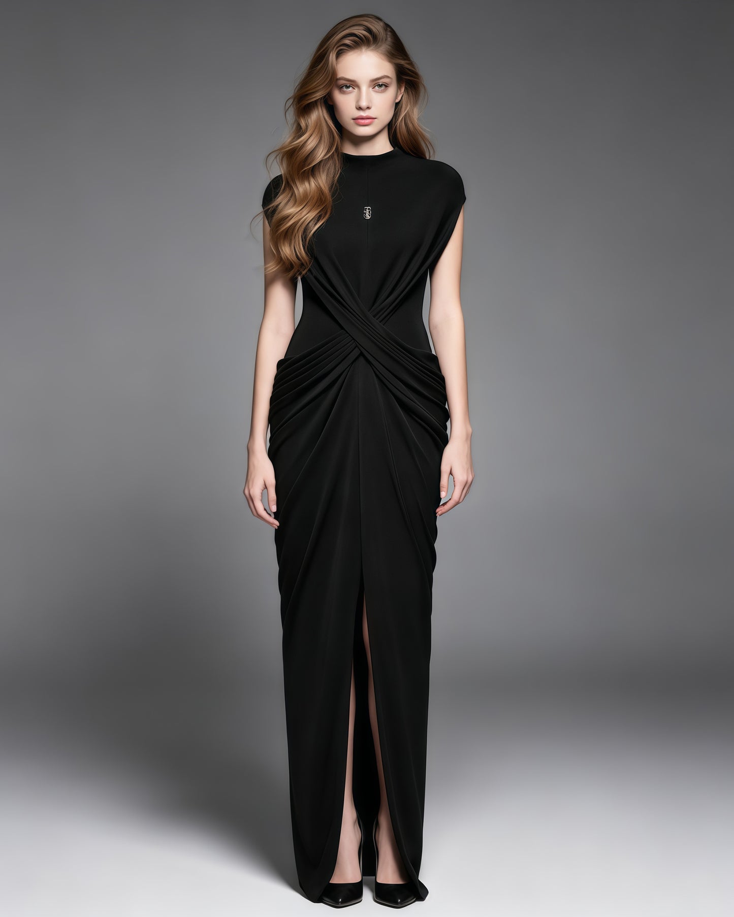 Black Draped Stand Collar Sleeveless Maxi Dress