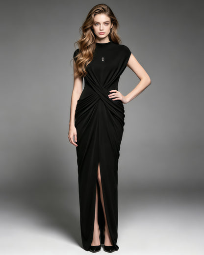 Black Draped Stand Collar Sleeveless Maxi Dress