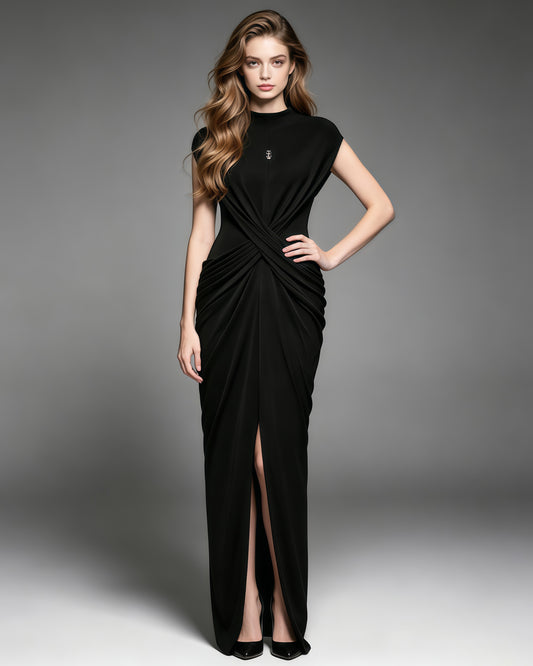 Black Draped Stand Collar Sleeveless Maxi Dress