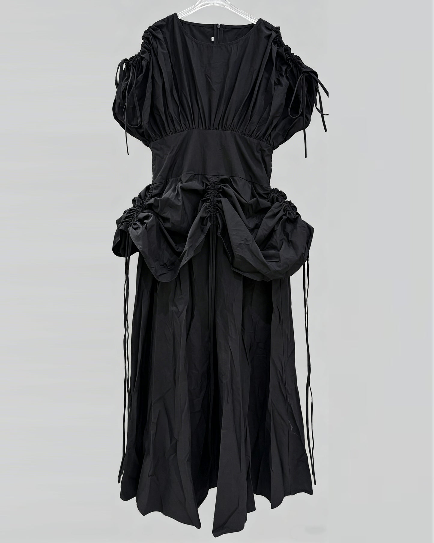 Black Drawstring Ruched Midi Dress