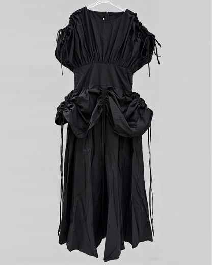 Black Drawstring Ruched Midi Dress
