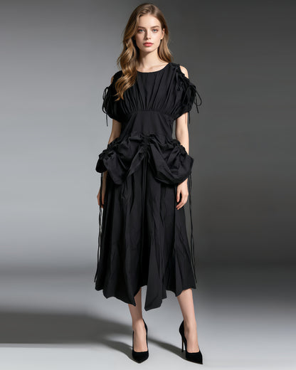 Black Drawstring Ruched Midi Dress