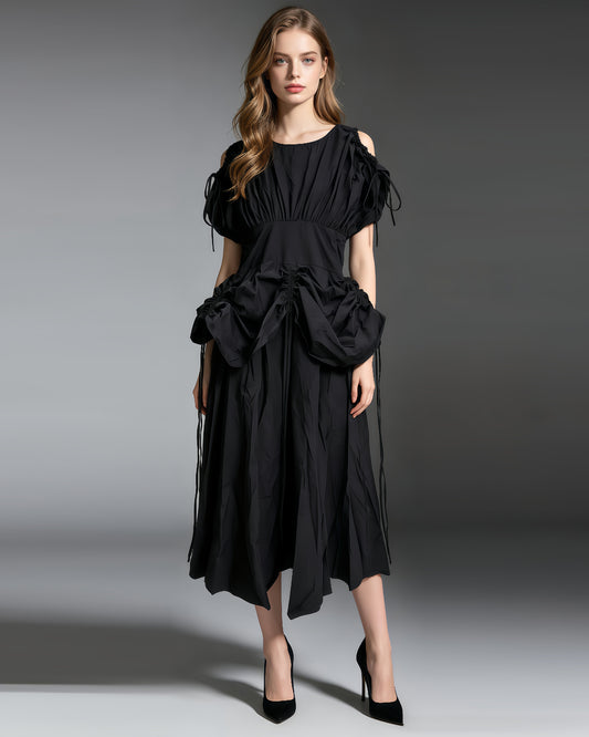 Black Drawstring Ruched Midi Dress