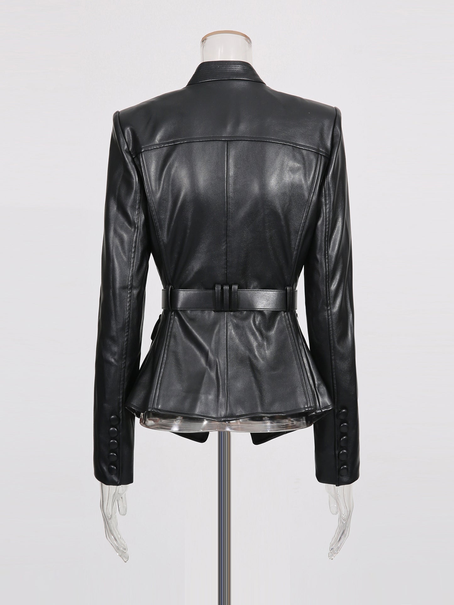 Black Faux Leather Belted Jacket with Gold Buckle