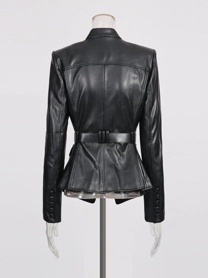 Black Faux Leather Belted Jacket with Gold Buckle