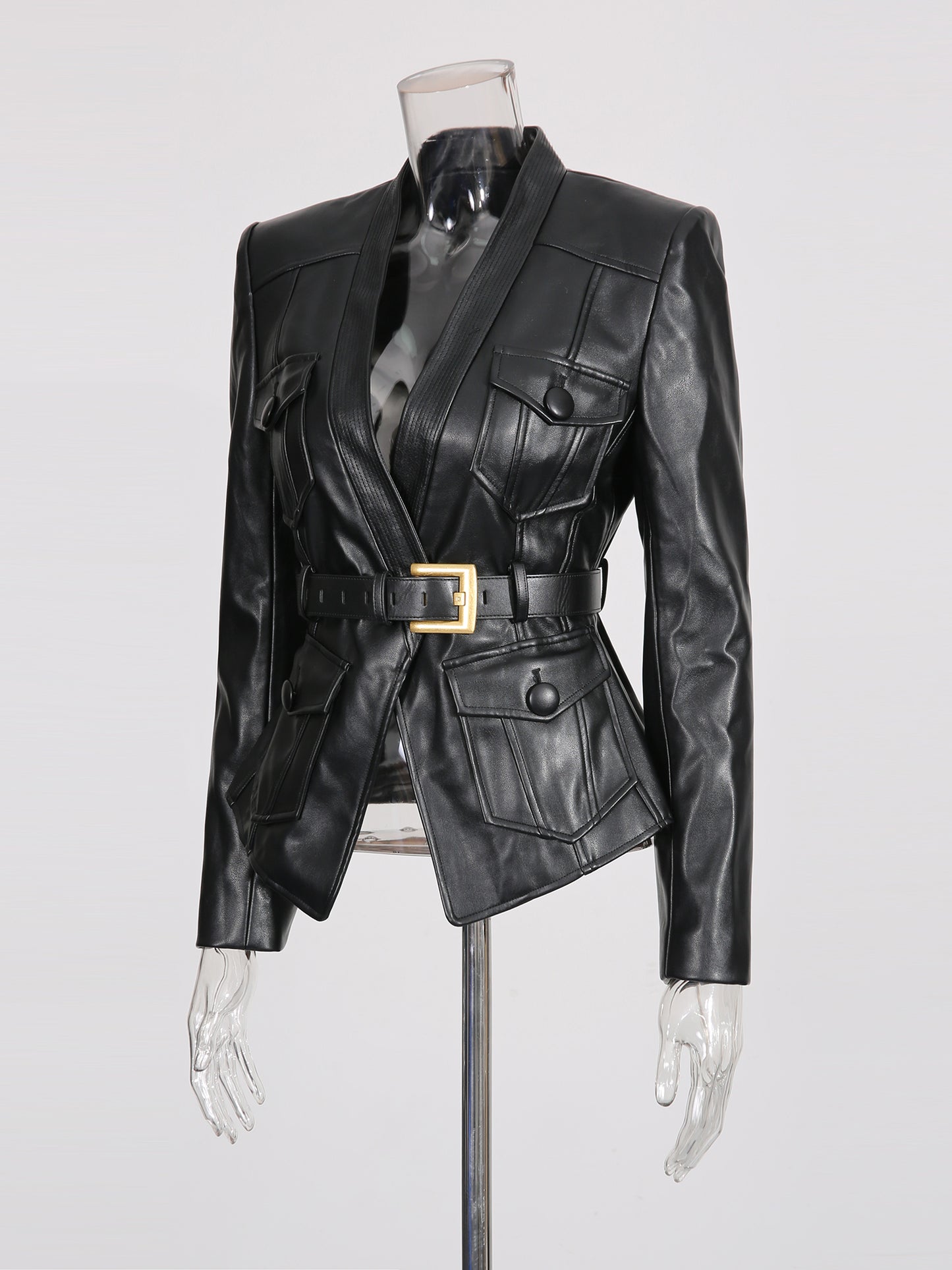 Black Faux Leather Belted Jacket with Gold Buckle