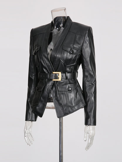Black Faux Leather Belted Jacket with Gold Buckle