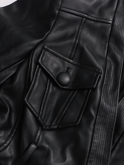 Black Faux Leather Belted Jacket with Gold Buckle