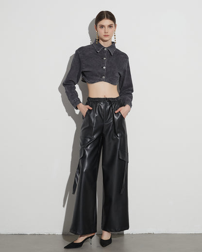 Black Faux Leather Cargo Pants with Belt