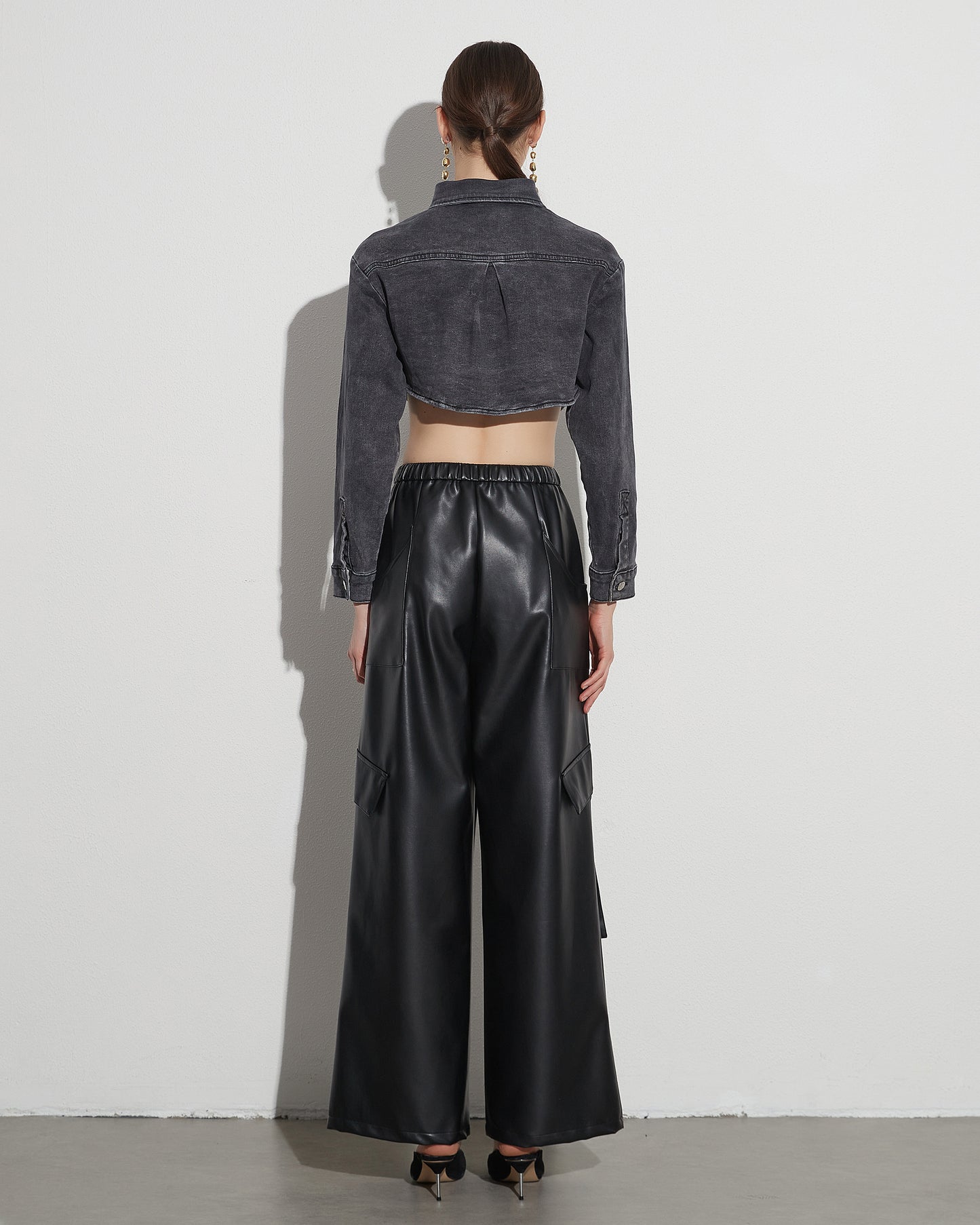 Black Faux Leather Cargo Pants with Belt