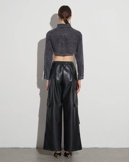 Black Faux Leather Cargo Pants with Belt