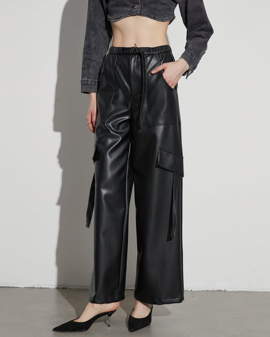 Black Faux Leather Cargo Pants with Belt