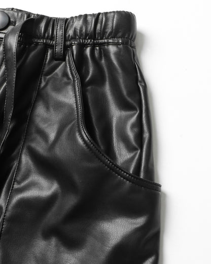 Black Faux Leather Cargo Pants with Belt