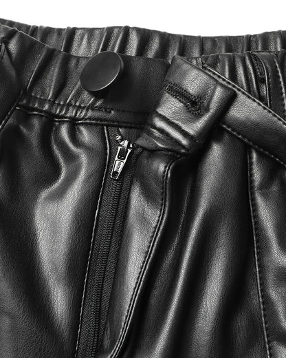 Black Faux Leather Cargo Pants with Belt