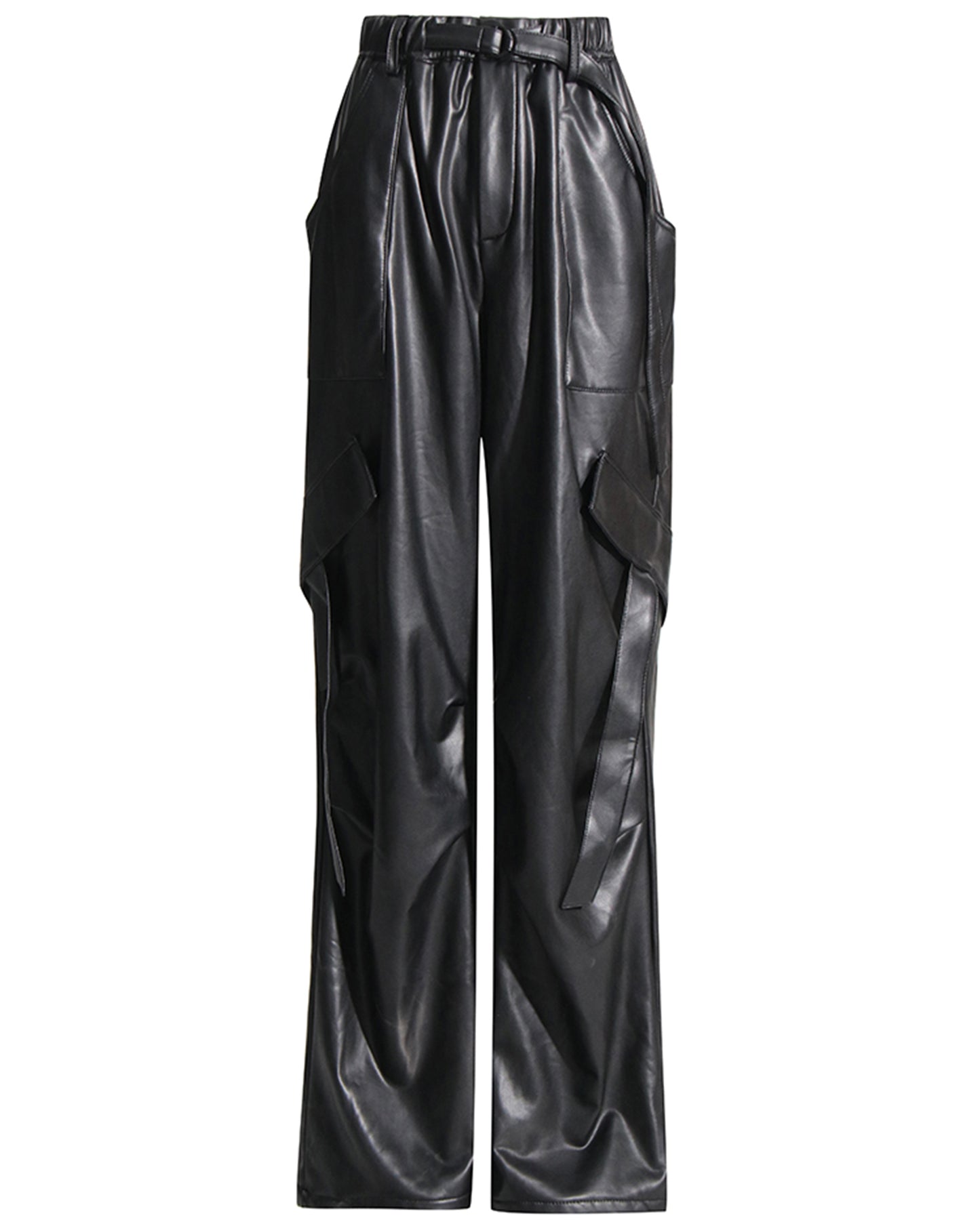 Black Faux Leather Cargo Pants with Belt
