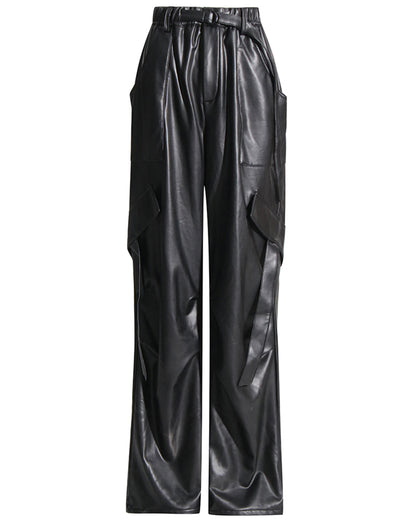 Black Faux Leather Cargo Pants with Belt