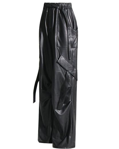Black Faux Leather Cargo Pants with Belt