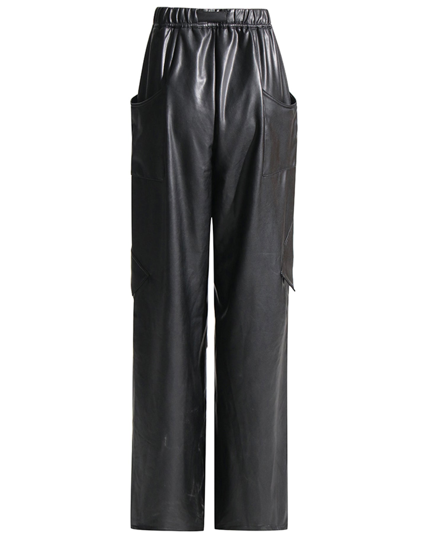 Black Faux Leather Cargo Pants with Belt