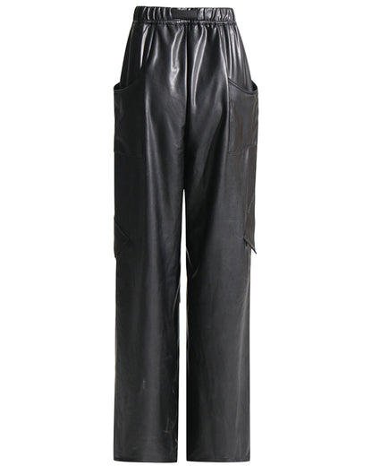 Black Faux Leather Cargo Pants with Belt
