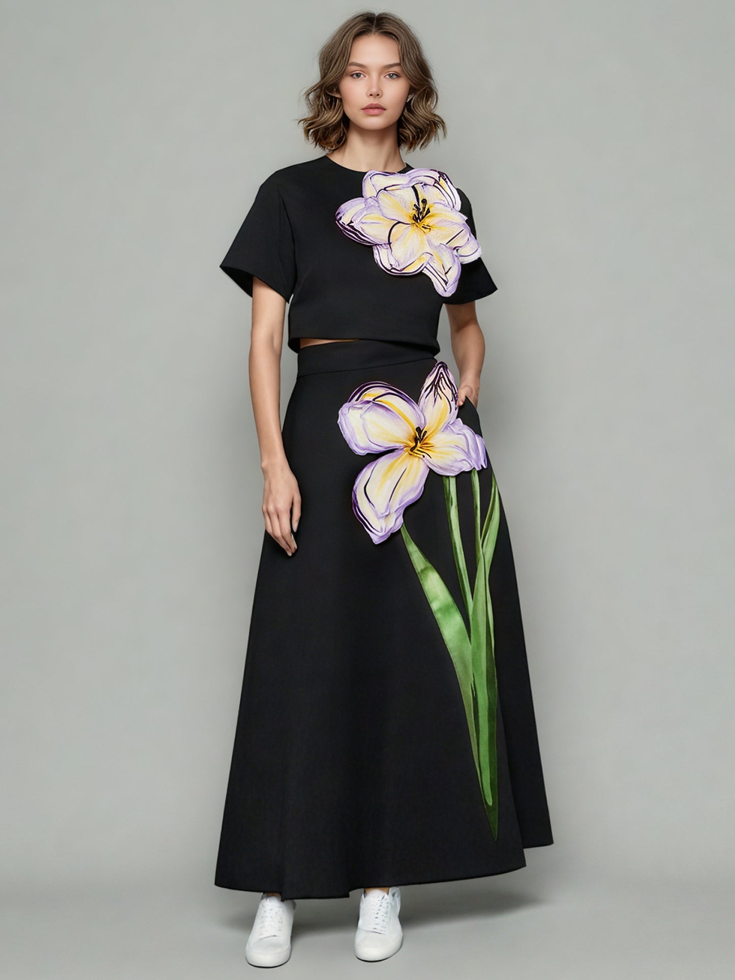 Black Floral Appliqué Crop Top & Midi Skirt Set