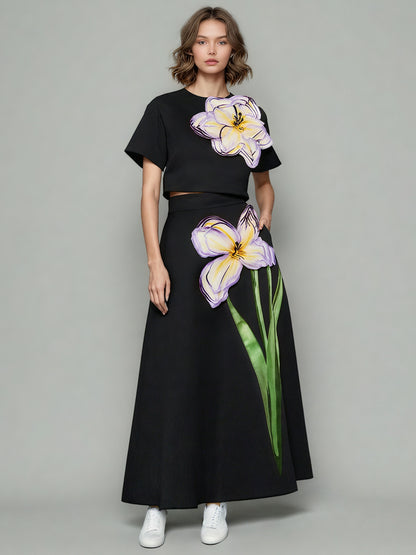 Black Floral Appliqué Crop Top & Midi Skirt Set