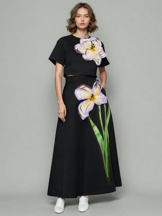 Black Floral Appliqué Crop Top & Midi Skirt Set