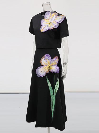 Black Floral Appliqué Crop Top & Midi Skirt Set