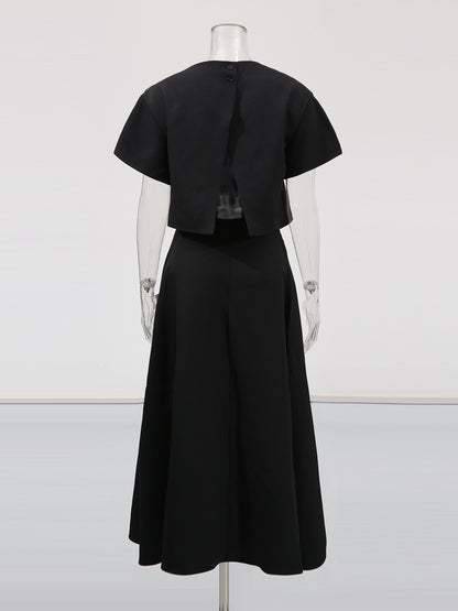 Black Floral Appliqué Crop Top & Midi Skirt Set