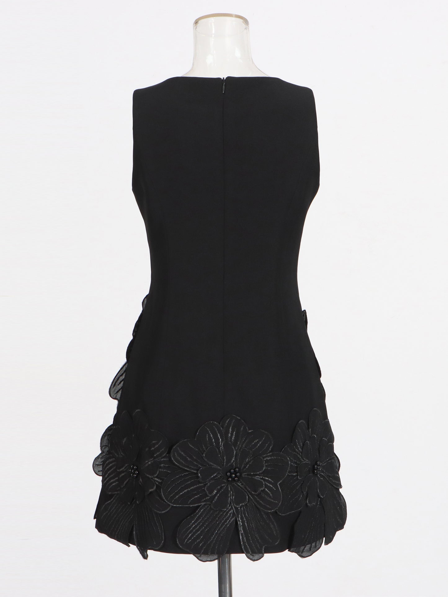 Black Floral Appliqué Sleeveless Mini Dress
